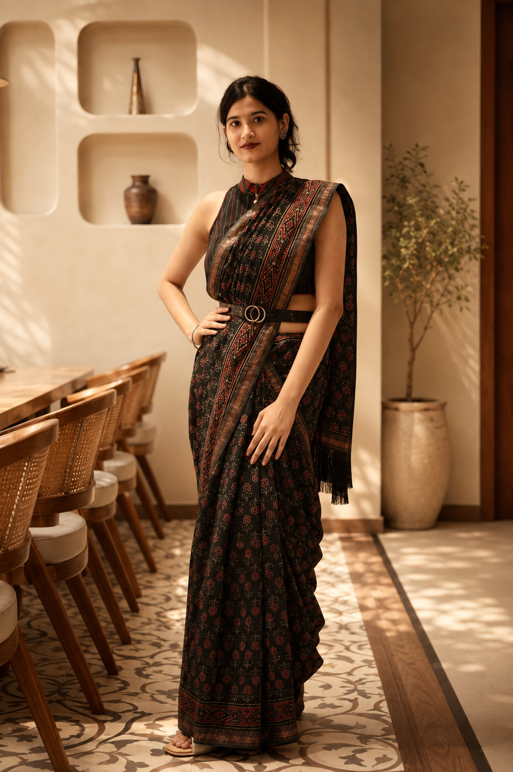 Pure Maheshwari Ajrakh Blockprint Saree