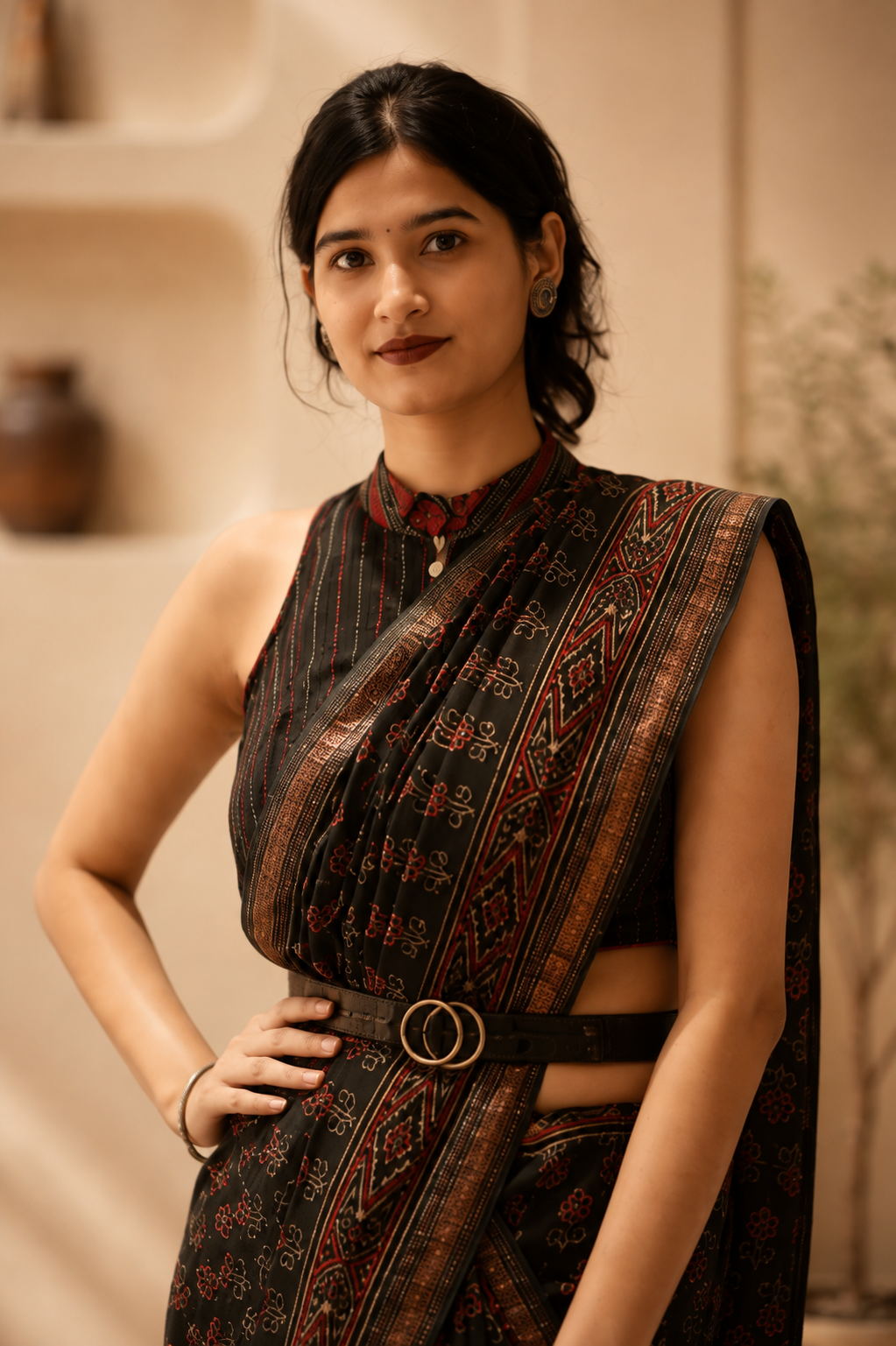Pure Maheshwari Ajrakh Blockprint Saree