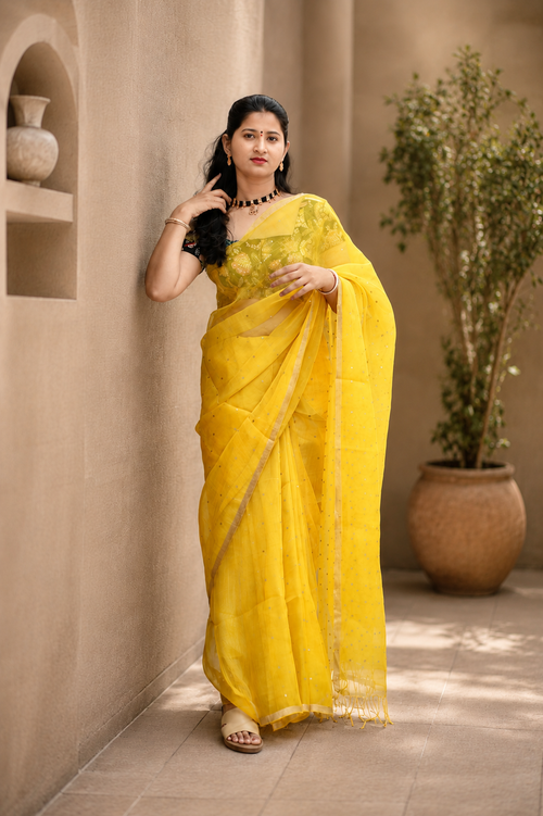 Muslin Silk Yellow Saree